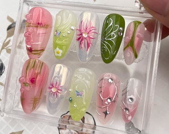 Y2K 3D Floral Press-On Nägel | Frühlings Blüte Fake Nägel | HK19T