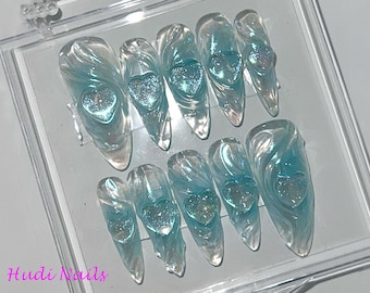 Ocean-Inspired Ombre Press On Nails | Enigmatic Jade Blue Nail Art | Beautiful Y2K 3D Gel Manicure | Unique Y2K Nails | HD144T