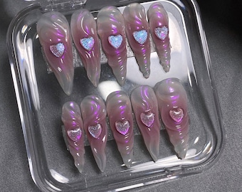 Iridescent Heart Press-On Nails | Pink Ombre, Luxury False Nails HB464T