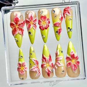 Lime Blossom Fantasy Press On Nails | 3D Tropical Flower Nail Art |Neon Green & Pink Ombre Nails | Summer Bloom Stiletto Press Ons |HB1019EK