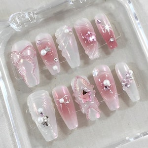 Charming Pink Bow Press On Nails | Sparkling Star Charms & Pearlescent Elegance: Pink and White Nail Designs | Cute Nails | HC331S