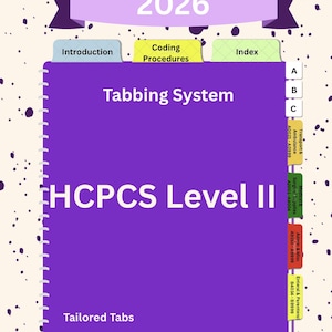 May include: A purple tabbed book with the text "HCPCS Level II" and "Tabbing System". The tabs are labeled "Introduction", "Coding Procedures", and "Index". The year "2026" is displayed at the top. Additional tabs are labeled with codes.
