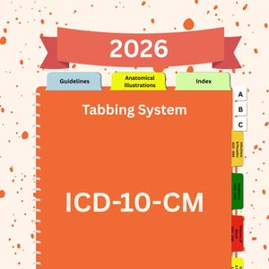 Peut inclure: Un cahier orange avec le texte "ICD-10-CM" et "Tabbing System". La couverture comporte des onglets intitulés "Guidelines", "Anatomical Illustrations" et "Index". L'année "2026" est affichée en haut.
