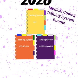 May include: Medical coding tabbing system bundle for 2026. The image shows three spiral-bound notebooks with colorful tabs. The notebooks are labeled "cpt", "ICD-10-CM", and "HCPCS Level II". The text "Medical Coding Tabbing System Bundle" is also present.