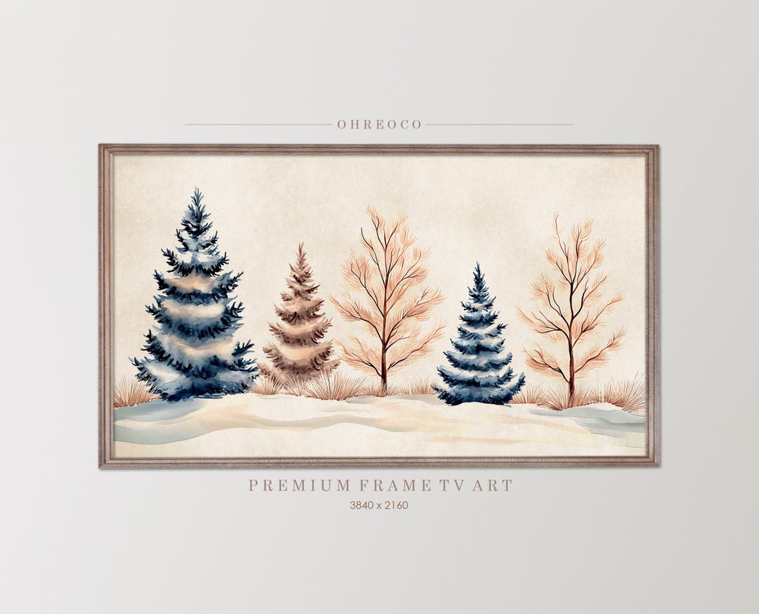 Christmas Tree Winter Landscape Painting: Neutral Farmhouse TV Art ...