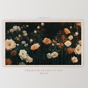 Flower Painting Frame TV Art, Organic Dark Green Peach Floral Vintage Botanical Summer Decor, Artwork for Samsung Frame, DIGITAL DOWNLOAD