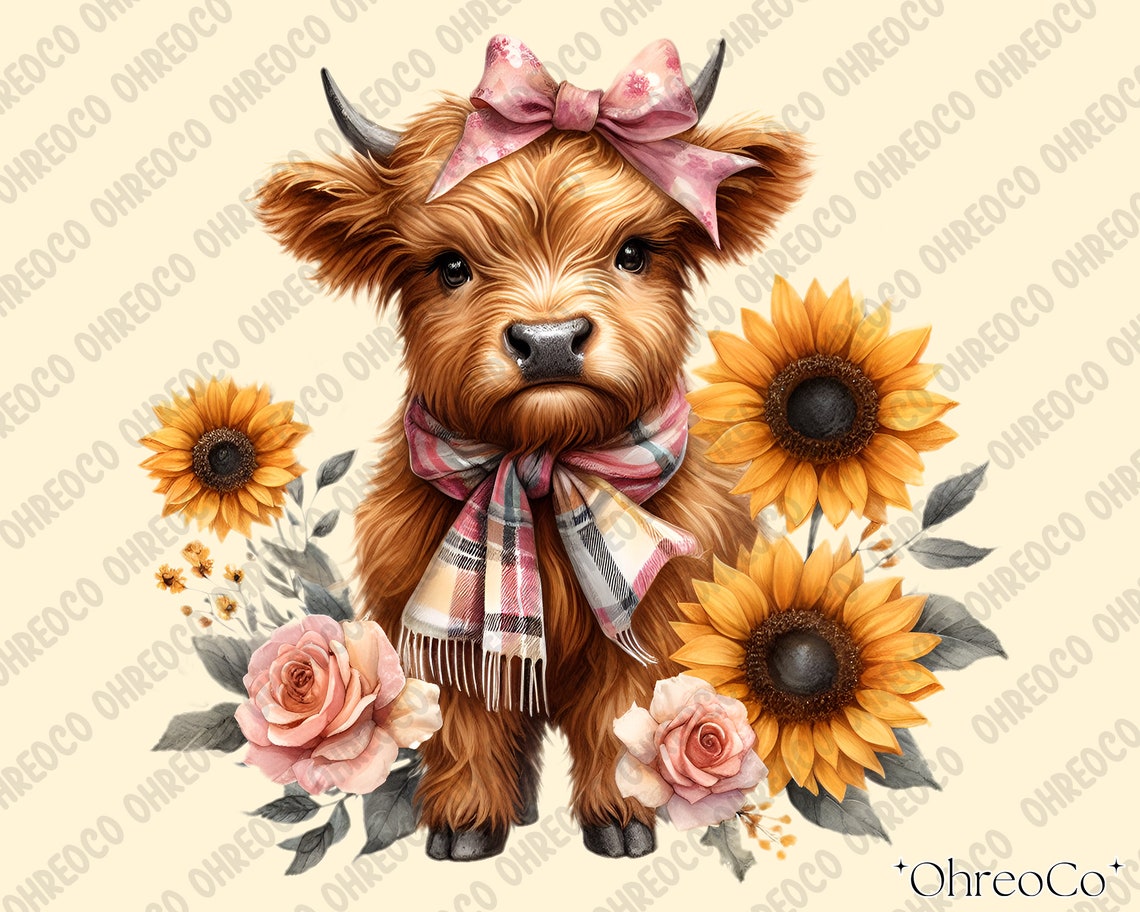 Highland Cow With Sunflowers Png Sublimation Design Download, Bow Baby ...