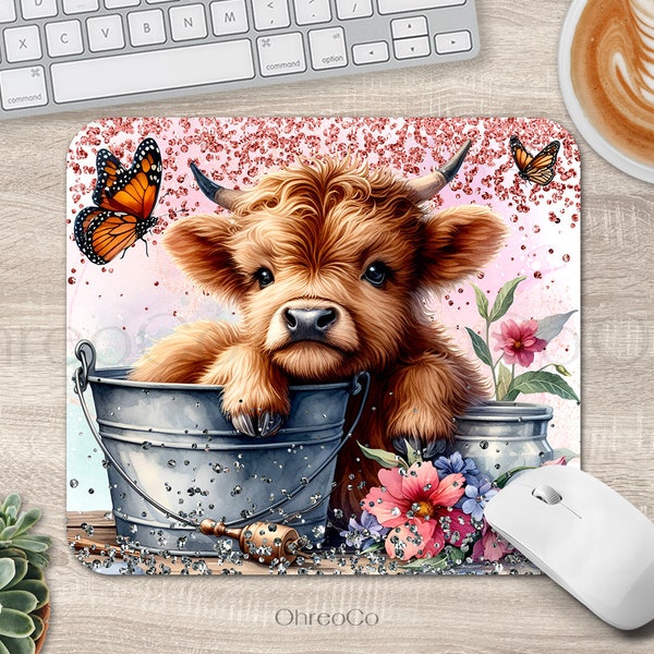 Baby Highland Cow - Mouse Pad Sublimation Design PNG, Metal Tub Computer Mouse Pad, floral Sublimation, Instant Digital Download