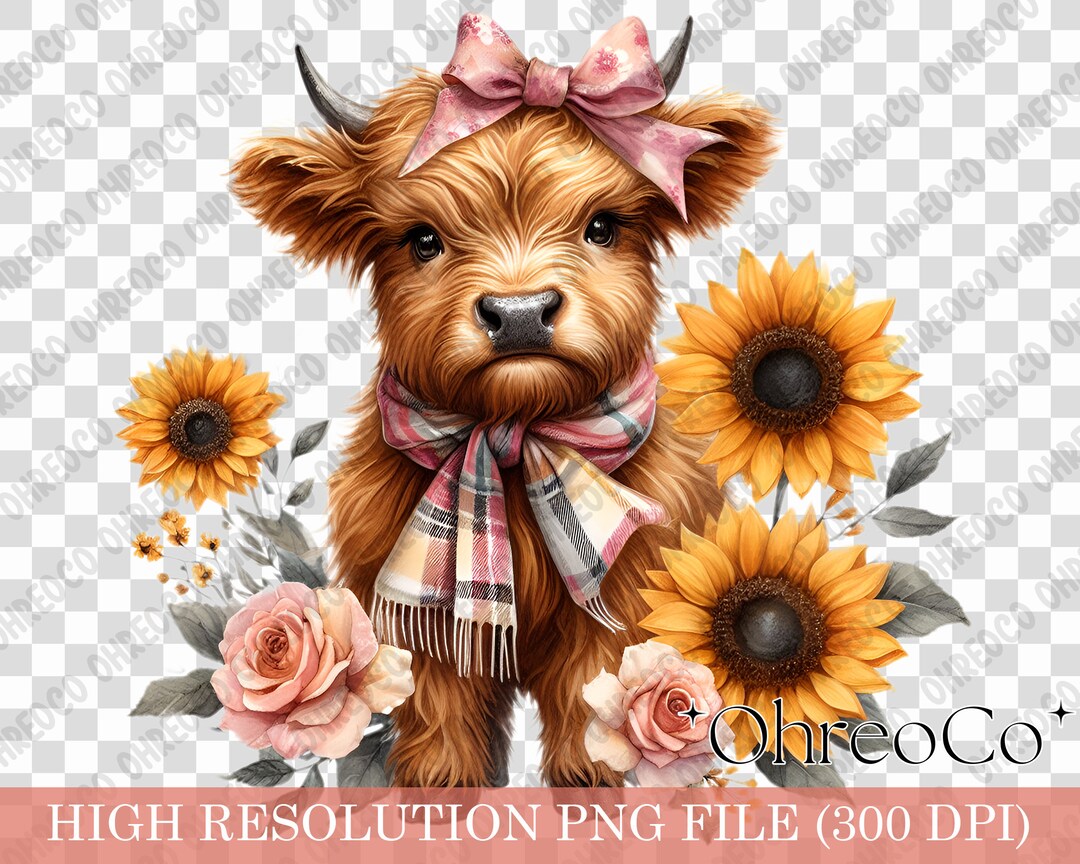 Highland Cow With Sunflowers Png Sublimation Design Download, Bow Baby ...