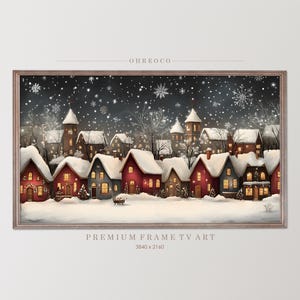Arte de TV com moldura de vila de inverno de Natal, protetor de tela de TV com moldura, pintura de paisagem de inverno, arte de TV com moldura de vila de neve Samsung, casa de campo de Natal