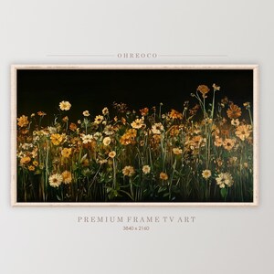 Dark Vintage Flowers Frame TV Art, Antique Dark Wildflower Screensaver, Spring Decor, Summer Tv Art, Neutral Yellow Rustic Floral Painting