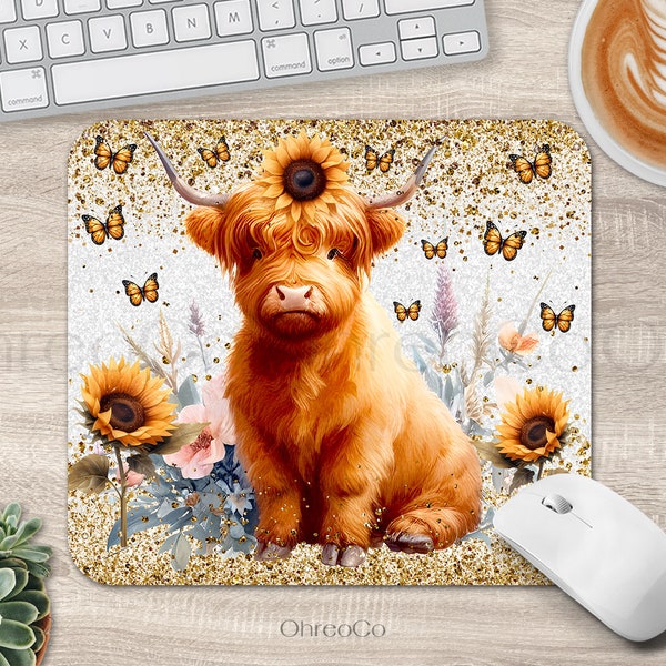 Highland Cow - Mouse Pad Sublimation Design PNG, Sunflower Computer Mouse Pad, Floral Highland Cow Sublimation, Instant Digital Download