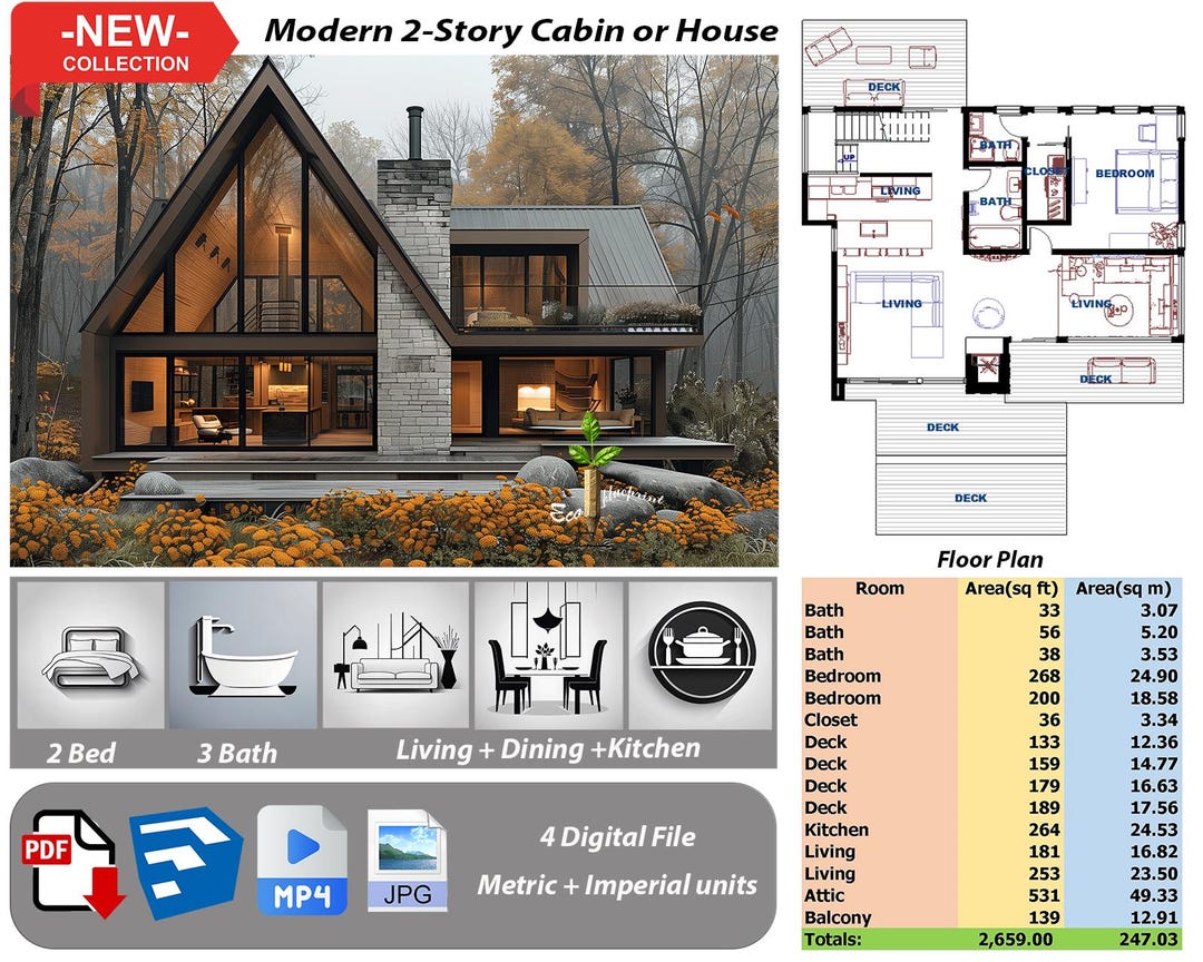 2-story House Plan: 2 Bed, 3 Bath, Modern Cabin Design (PDF Plan No.32) -  Etsy, image size:1080x864