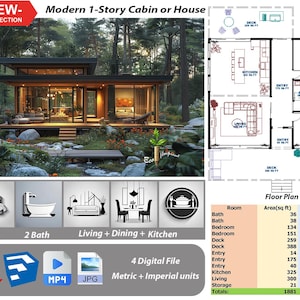 P175.Klaar!(*PDF PLAN, 3D-bestand, MP4, JPG*) Basisarchitectuurplannen voor een modern huis met 1 verdieping, 2 slaapkamers, 2 badkamers, woonkamer+keuken+eetkamer