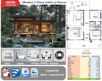 P175.Ready!!(*PDF PLAN,3D skrtchup,MP4,JPG*)Basic architectural plans for 1-Story modern  Hous ,2 bedrooms,2 bath,living+kitchen+dining