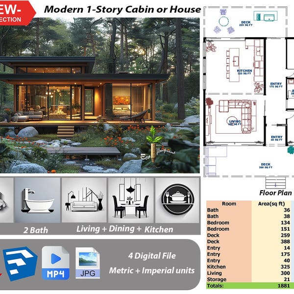 Plan för modern stuga med 2 sovrum: Arkitektonisk design i 1 våning (PDF, MP4, JPG, SKP nr 175)
