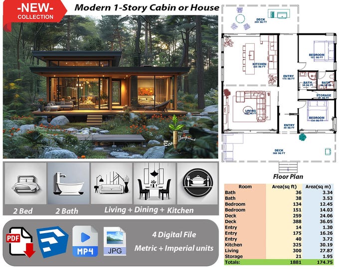 P175.Ready!!(*PDF PLAN,3D skrtchup,MP4,JPG*)Basic architectural plans for 1-Story modern  Hous ,2 bedrooms,2 bath,living+kitchen+dining