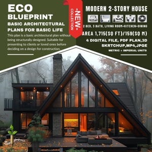 P8. Klaar !! (*PDF-PLAN, 3D-bestand, MP4, JPG*) architecturale plannen voor een huis met 2 verdiepingen, 2 slaapkamers, 3 badkamers, keuken + woonkamer + eetkamer