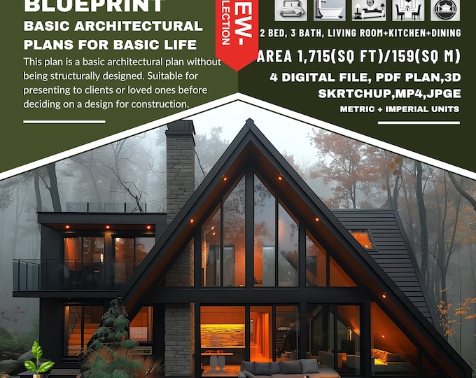 P8. Ready!!(*PDF PLAN,3D skrtchup,MP4,JPG*)  architectural plans for 2-Story Hous Hous,2 bedrooms,3 bath,kitchen+living+dining