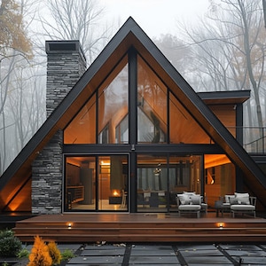 Inspiration för A-ramshusdesign: Endast digital nedladdning, framifrånbild och frontanimation. (Planritningar ingår ej.)