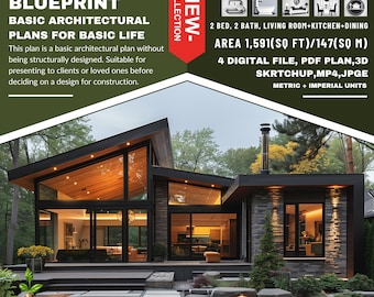 Modern Cabin House Plan, 2 Bed 2 Bath (PDF Plan)