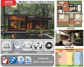 P220.Ready!!(*PDF PLAN,3D skrtchup,MP4,JPG*) Basic architectural plans for 1-Story modern house,2 bedrooms,2 bath,kitchen+dining