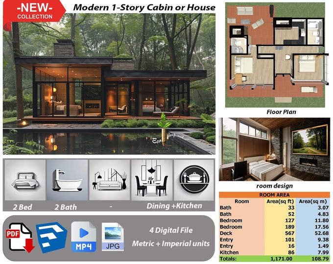 P220.Ready!!(*PDF PLAN,3D skrtchup,MP4,JPG*) Basic architectural plans for 1-Story modern house,2 bedrooms,2 bath,kitchen+dining