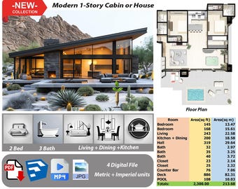 P45.Ready!!(*PDF PLAN,3D skrtchup,MP4,JPG*) Basic architectural plans for 1-Story modern house,2 bedrooms,3 bath,living+kitchen+dining