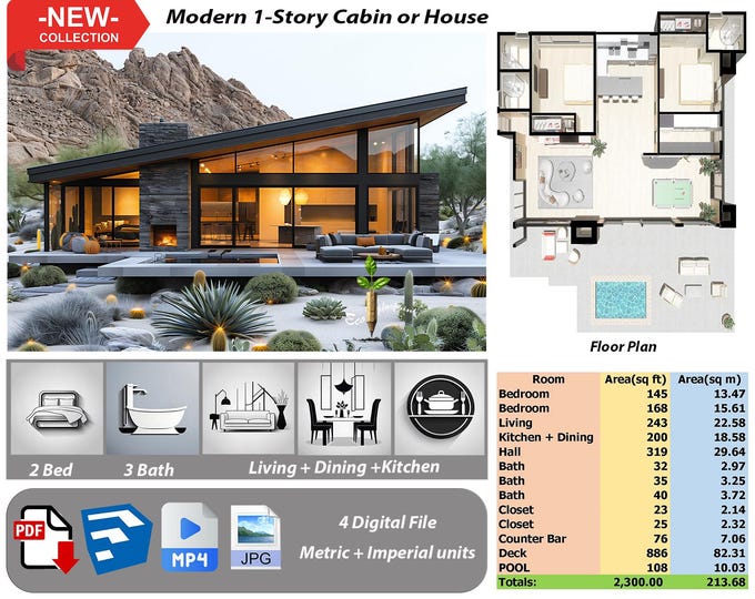 P45.Ready!!(*PDF PLAN,3D skrtchup,MP4,JPG*) Basic architectural plans for 1-Story modern house,2 bedrooms,3 bath,living+kitchen+dining