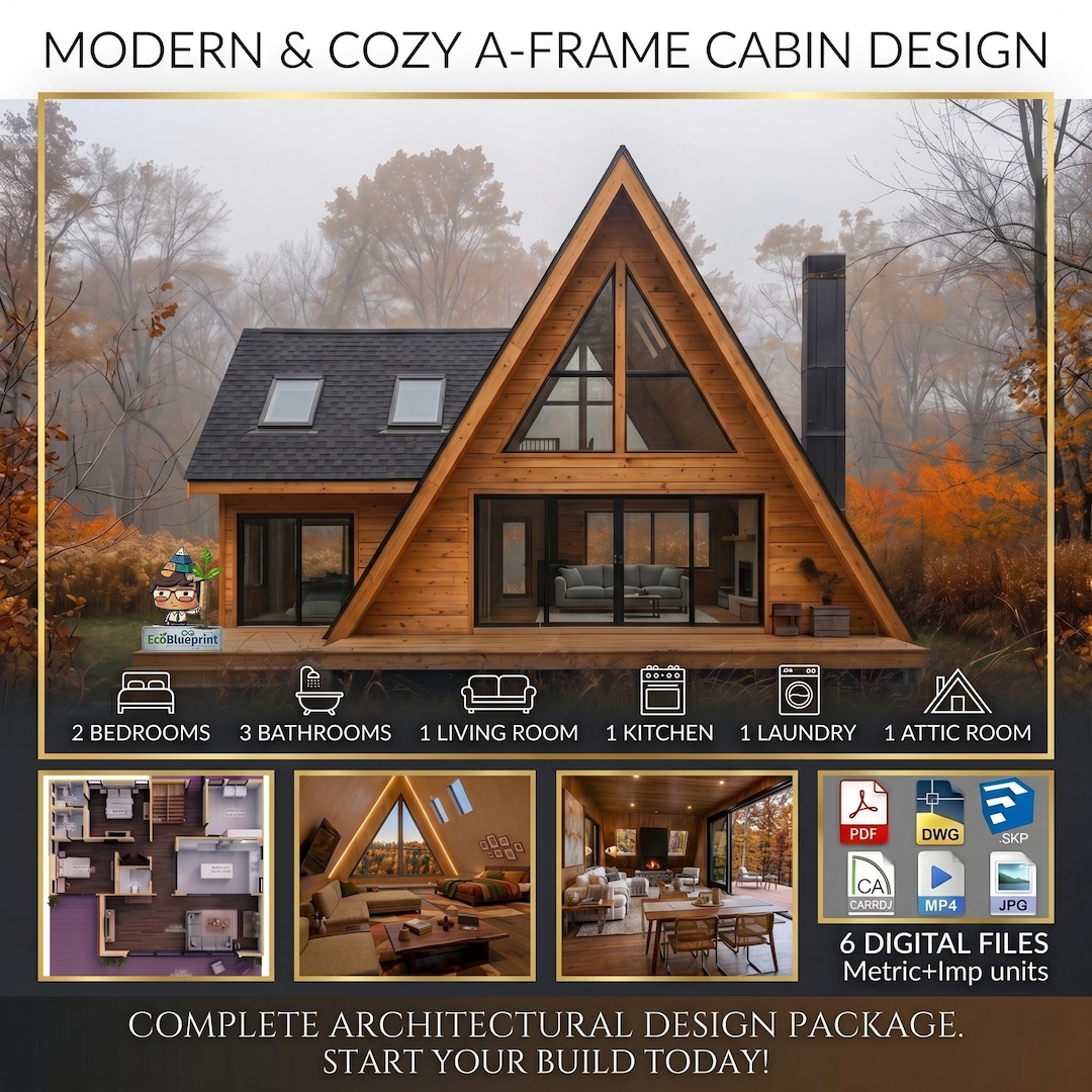 Modern A-frame Cabin.digital Basic Architectural Plans: 2 Beds | 3 ...