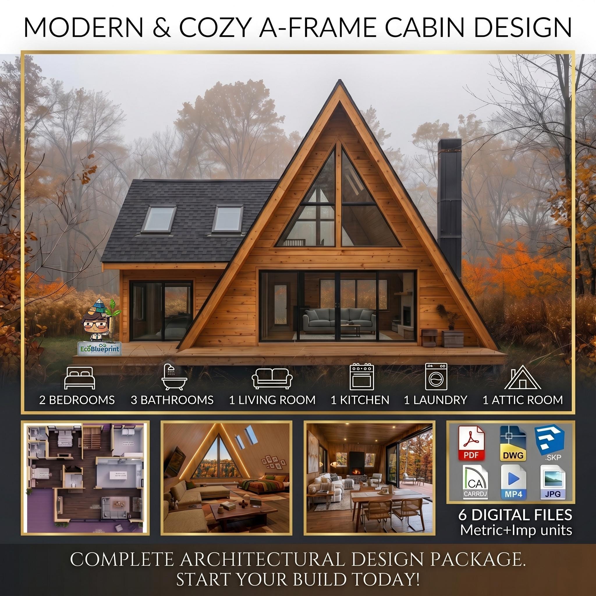 Modern A-frame Cabin.digital Basic Architectural Plans: 2 Beds | 3 ...