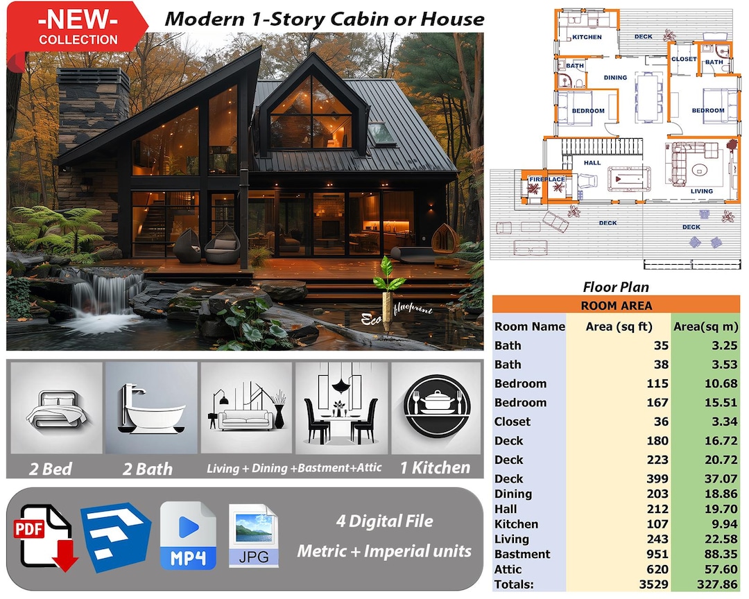 2 Bedroom Cabin House Plans With Basement & Attic (PDF Plan No.108) - Etsy