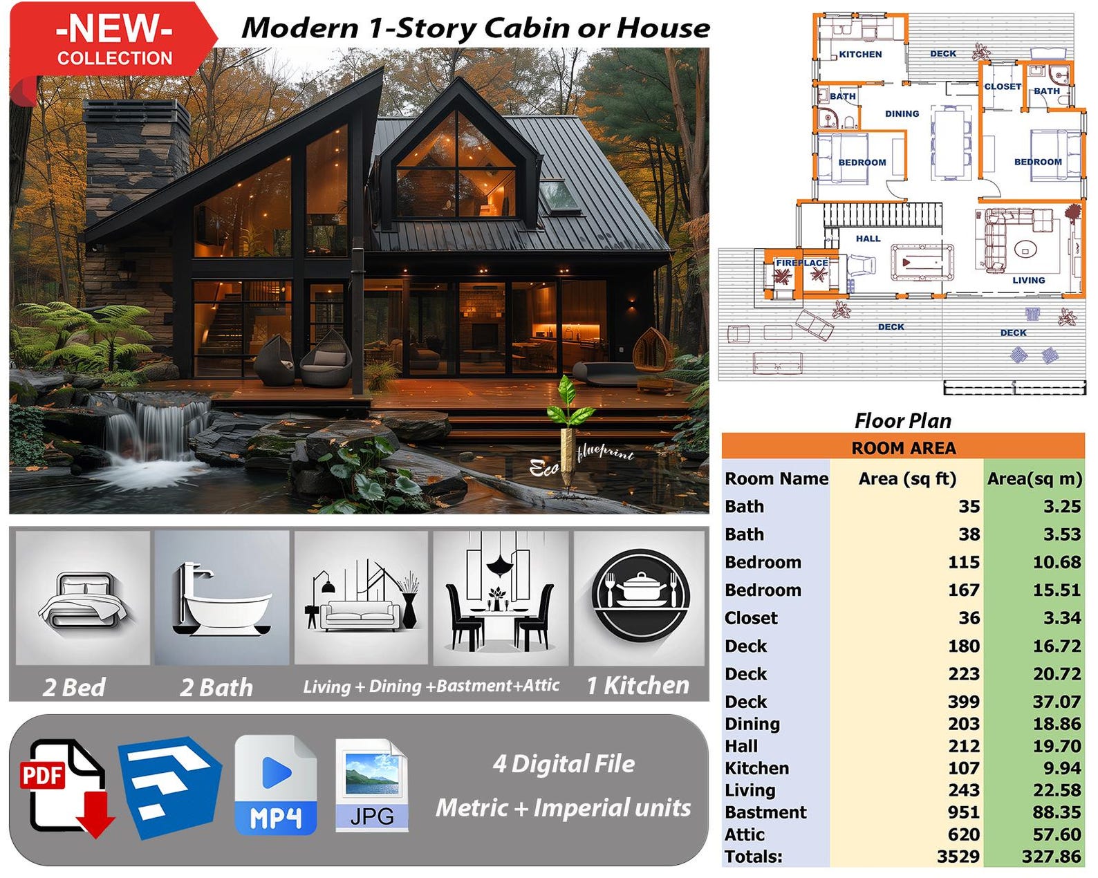 2 Bedroom Cabin House Plans With Basement & Attic (PDF Plan No.108) - Etsy