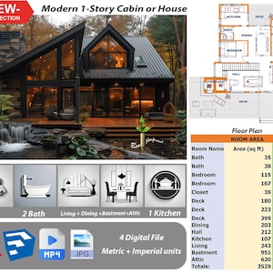 P108.Klaar!(*PDF PLAN,3D-bestand,MP4,JPG*) bouwkundige plannen voor een huis met 1 verdieping, 2 slaapkamers, 2 badkamers, 1 keuken, woonkamer, kelders en zolders