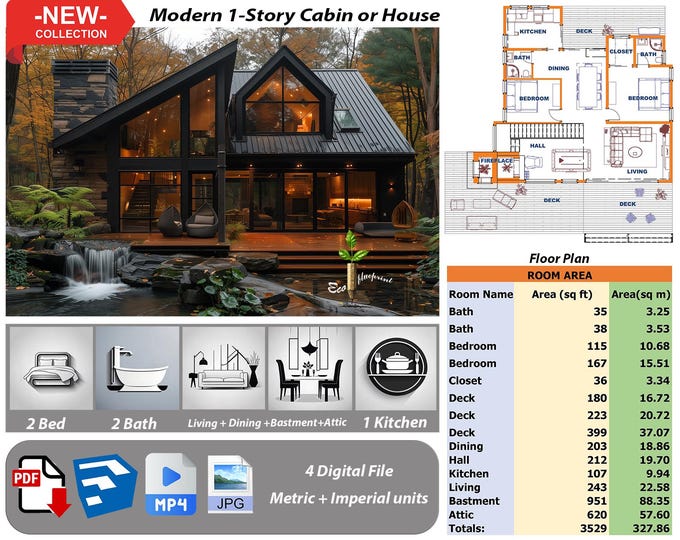 P108.Ready!!(*PDF PLAN,3D skrtchup,MP4,JPG*)  architectural plans for 1-Story Hous Hous,2 bedrooms,2 bath,1 kitchen,living,basements,attics