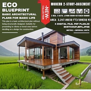 2-Story House Plan: 2 Bed, 3 Bath, Modern Cabin (PDF Plan no.225)