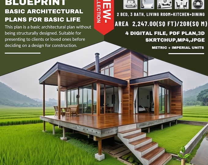 P225. Ready!!(*PDF PLAN,3D skrtchup,MP4,JPG*)  basic architectural plans for 2-Story Hous Hous,2 bedrooms,3 bath,1 kitchen,living