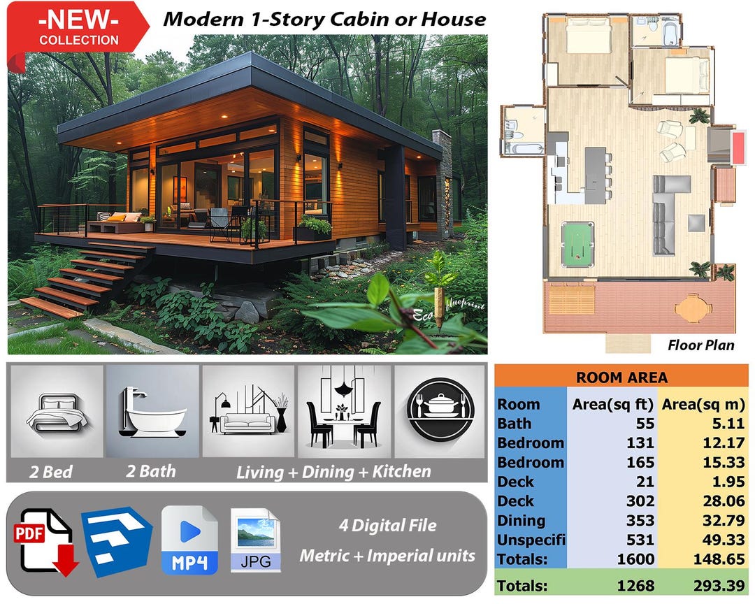 Modern 2-bedroom House Plan: 1-story Cabin Design (PDF Plan No.223) - Etsy