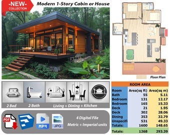 P223.Ready!!(*PDF PLAN,3D skrtchup,MP4,JPG*) Basic architectural plans for 1-Story modern house,2 bedrooms,2 bath,living+kitchen+dining