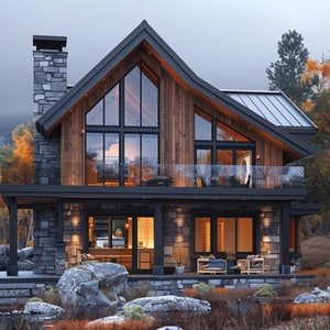 Könnte beinhalten: Eine moderne, rustikale Hütte mit einem großen Fenster, das einen Blick auf einen Wald bietet. Die Hütte ist aus Holz und Stein gebaut und hat eine große Terrasse mit einem Glasgeländer. Die Hütte ist von Bäumen und Felsen umgeben.