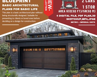 PG1. Modern garage  Ready!! (*PDF ,3D skrtchup,MP4,JPG*) Basic blue print architecture for 2 cars with 1 stor