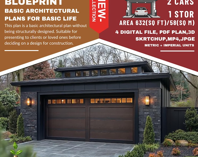 PG1. Modern garage  Ready!! (*PDF ,3D skrtchup,MP4,JPG*) Basic blue print architecture for 2 cars with 1 stor
