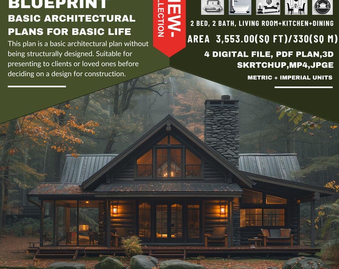 P208. Ready!!(*PDF PLAN,3D skrtchup,MP4,JPG*)  architectural plans for 2-Story log  Hous,2 bedrooms,2 bath,1 kitchen,living,basements,attics