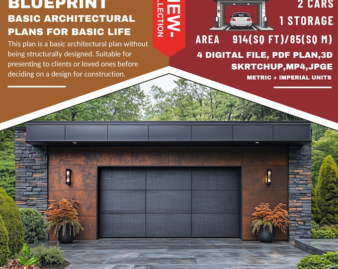 PG6. Modern garage  Ready!! (*PDF ,3D skrtchup,MP4,JPG*) Basic blue print architecture for 2 cars with 1 stor