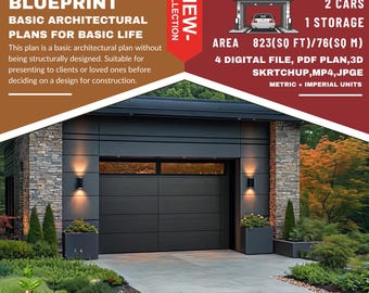 PG7. Modern garage  Ready!! (*PDF ,3D skrtchup,MP4,JPG*) Basic blue print architecture for 2 cars with 1 Storage