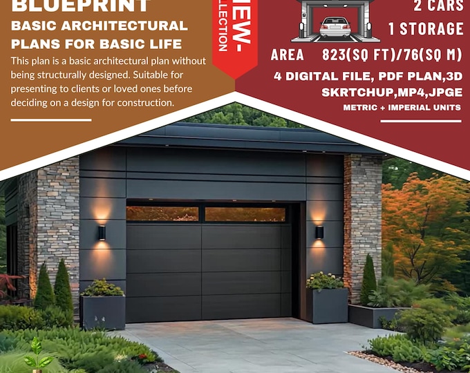PG7. Modern garage  Ready!! (*PDF ,3D skrtchup,MP4,JPG*) Basic blue print architecture for 2 cars with 1 Storage