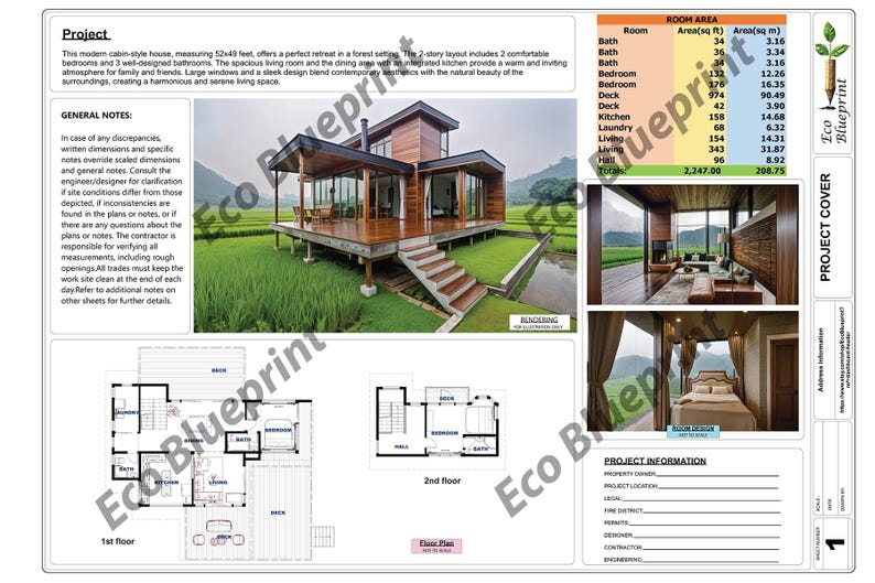 2-story House Plan: 2 Bed, 3 Bath, Modern Cabin (PDF Plan No.225) - Etsy