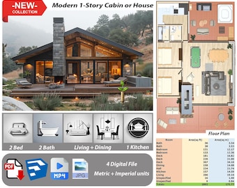 Modern Cabin House Plans: 2 Bed, 2 Bath (PDF Plan)