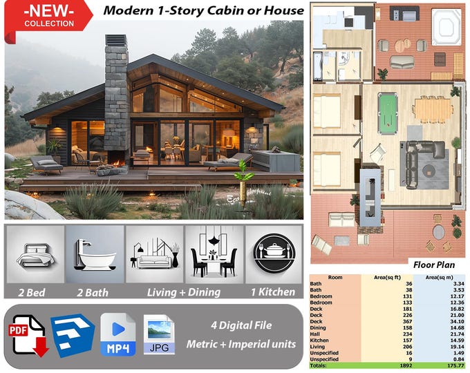 P151.Ready!!(*PDF PLAN,3D skrtchup,MP4,JPG*) Basic architectural plans for 1-Story modern house,2 bedrooms,2 bath,living+kitchen+dining