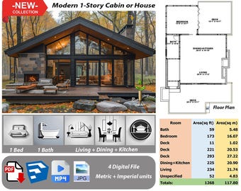 P187. Ready!!(*PDF PLAN,3D skrtchup,MP4,JPG*) Basic architectural plans for 1-Story modern house,1 bedrooms,1 bath,living+kitchen+dining